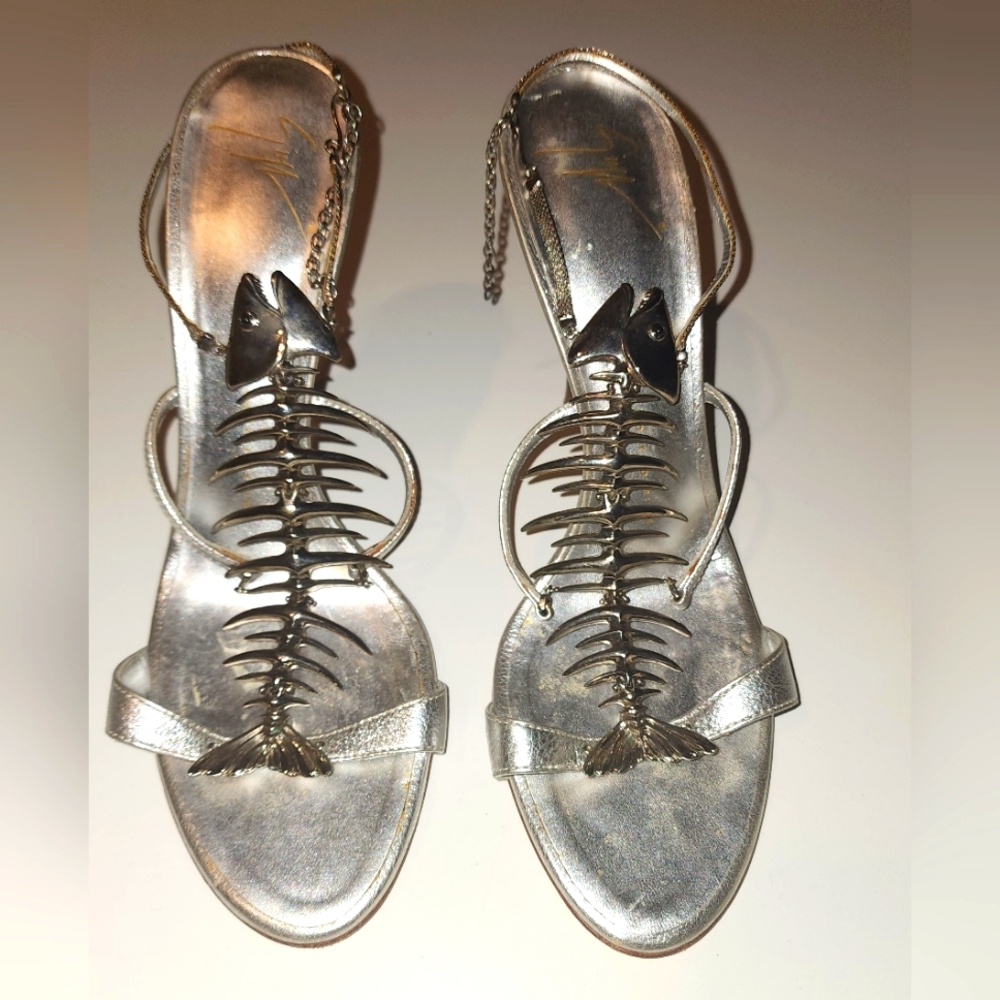 Giuseppe Zanotti Silver Fishbone Sling Sandal Heel